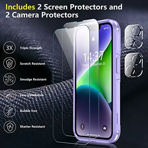 iPhone 14 Case/iPhone 15 Case uchun SPIDERCASE, [15 FT Harbiy darajadagi tushishdan himoya][Sirpanmaydigan] 2 dona [Temperli shisha ekran himoyachilari+Kamera linzalari himoyachilari] Kuchli zarbga chidamli g'ilof, och binafsha - 4