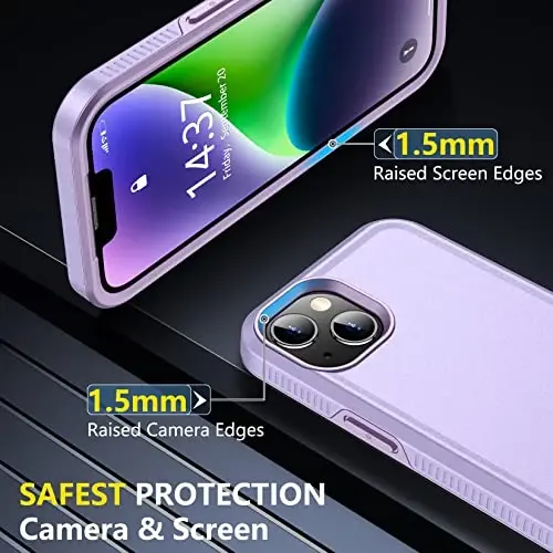 iPhone 14 Case/iPhone 15 Case uchun SPIDERCASE, [15 FT Harbiy darajadagi tushishdan himoya][Sirpanmaydigan] 2 dona [Temperli shisha ekran himoyachilari+Kamera linzalari himoyachilari] Kuchli zarbga chidamli g'ilof, och binafsha - 5