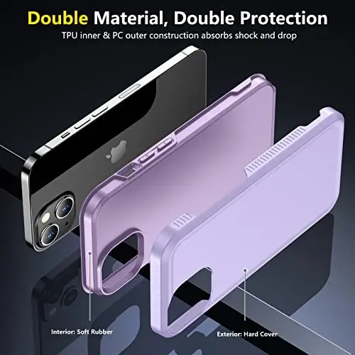 iPhone 14 Case/iPhone 15 Case uchun SPIDERCASE, [15 FT Harbiy darajadagi tushishdan himoya][Sirpanmaydigan] 2 dona [Temperli shisha ekran himoyachilari+Kamera linzalari himoyachilari] Kuchli zarbga chidamli g'ilof, och binafsha - 6