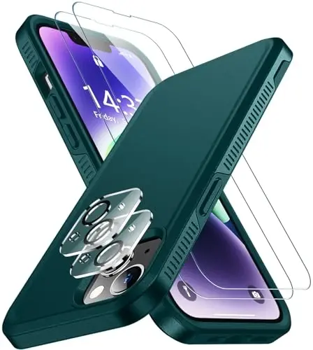 iPhone 14 Case/iPhone 15 Case uchun SPIDERCASE, [15 FT Harbiy Darajadagi Tushishdan Himoya][Sirpanmaydigan] 2 ta [Temperlangan Shisha Ekran Himoyachilari+Kamera Linzalari Himoyachilari] Kuchli Zarba o'tkazmaydigan G'ilof, To'q Yashil - SPIDERCASE