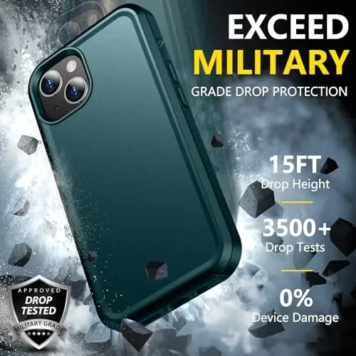 iPhone 14 Case/iPhone 15 Case uchun SPIDERCASE, [15 FT Harbiy Darajadagi Tushishdan Himoya][Sirpanmaydigan] 2 ta [Temperlangan Shisha Ekran Himoyachilari+Kamera Linzalari Himoyachilari] Kuchli Zarba o'tkazmaydigan G'ilof, To'q Yashil - 3