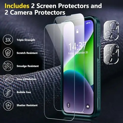 iPhone 14 Case/iPhone 15 Case uchun SPIDERCASE, [15 FT Harbiy Darajadagi Tushishdan Himoya][Sirpanmaydigan] 2 ta [Temperlangan Shisha Ekran Himoyachilari+Kamera Linzalari Himoyachilari] Kuchli Zarba o'tkazmaydigan G'ilof, To'q Yashil - 4