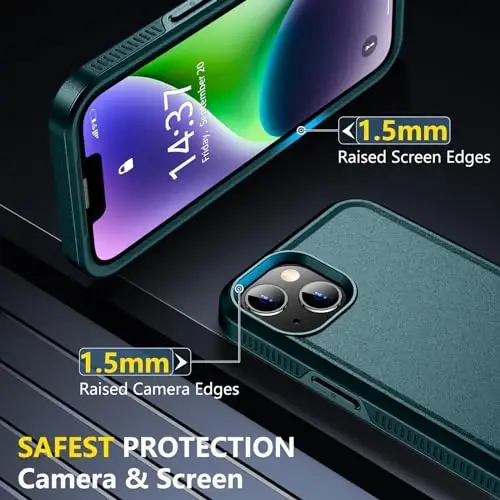 iPhone 14 Case/iPhone 15 Case uchun SPIDERCASE, [15 FT Harbiy Darajadagi Tushishdan Himoya][Sirpanmaydigan] 2 ta [Temperlangan Shisha Ekran Himoyachilari+Kamera Linzalari Himoyachilari] Kuchli Zarba o'tkazmaydigan G'ilof, To'q Yashil - 5
