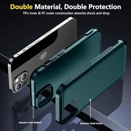 iPhone 14 Case/iPhone 15 Case uchun SPIDERCASE, [15 FT Harbiy Darajadagi Tushishdan Himoya][Sirpanmaydigan] 2 ta [Temperlangan Shisha Ekran Himoyachilari+Kamera Linzalari Himoyachilari] Kuchli Zarba o'tkazmaydigan G'ilof, To'q Yashil - 6