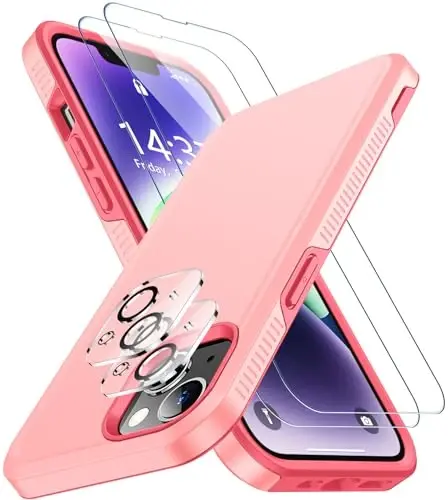iPhone 14 Case/iPhone 15 Case uchun SPIDERCASE, [15 FT Harbiy standartga mos tushishdan himoya][Sirpanmaydigan] 2 dona [Temperlangan shisha ekran himoyachilari+Kamera linzalari himoyachilari] Kuchli zarbga chidamli g'ilof, Ochiq pushti 