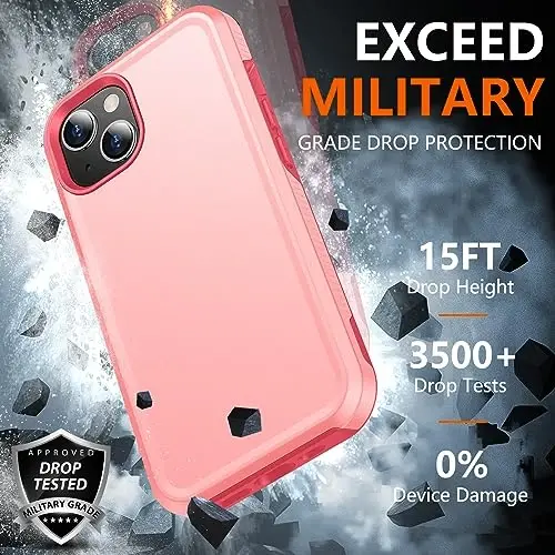 iPhone 14 Case/iPhone 15 Case uchun SPIDERCASE, [15 FT Harbiy standartga mos tushishdan himoya][Sirpanmaydigan] 2 dona [Temperlangan shisha ekran himoyachilari+Kamera linzalari himoyachilari] Kuchli zarbga chidamli g'ilof, Ochiq pushti - 3