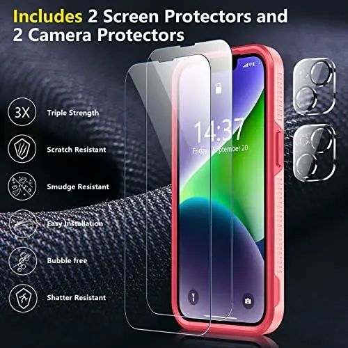 iPhone 14 Case/iPhone 15 Case uchun SPIDERCASE, [15 FT Harbiy standartga mos tushishdan himoya][Sirpanmaydigan] 2 dona [Temperlangan shisha ekran himoyachilari+Kamera linzalari himoyachilari] Kuchli zarbga chidamli g'ilof, Ochiq pushti - 4