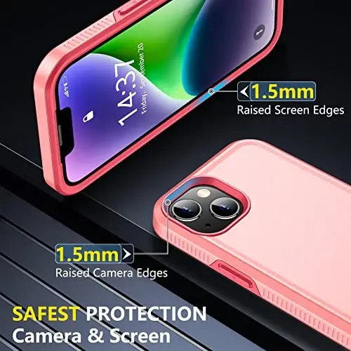 iPhone 14 Case/iPhone 15 Case uchun SPIDERCASE, [15 FT Harbiy standartga mos tushishdan himoya][Sirpanmaydigan] 2 dona [Temperlangan shisha ekran himoyachilari+Kamera linzalari himoyachilari] Kuchli zarbga chidamli g'ilof, Ochiq pushti - 5