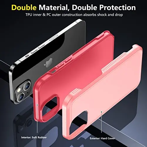 iPhone 14 Case/iPhone 15 Case uchun SPIDERCASE, [15 FT Harbiy standartga mos tushishdan himoya][Sirpanmaydigan] 2 dona [Temperlangan shisha ekran himoyachilari+Kamera linzalari himoyachilari] Kuchli zarbga chidamli g'ilof, Ochiq pushti - 6