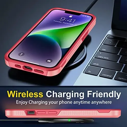 iPhone 14 Case/iPhone 15 Case uchun SPIDERCASE, [15 FT Harbiy standartga mos tushishdan himoya][Sirpanmaydigan] 2 dona [Temperlangan shisha ekran himoyachilari+Kamera linzalari himoyachilari] Kuchli zarbga chidamli g'ilof, Ochiq pushti - 7