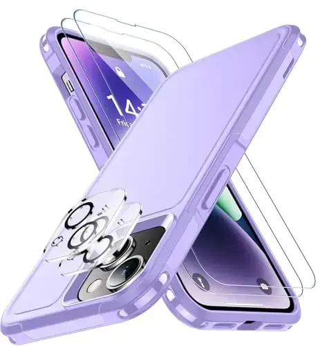 iPhone 14 Case/iPhone 15 Case uchun SPIDERCASE, [15 FT Harbiy Standartga Muvofiq Tushishdan Himoya][Sirpanmaydigan] 2 dona [Temperlangan Shisha Ekran Himoyachilari+Kamera Ob'ektiv Himoyachilari] Kuchli Zarba o'tkazmaydigan G'ilof, Binafsha 