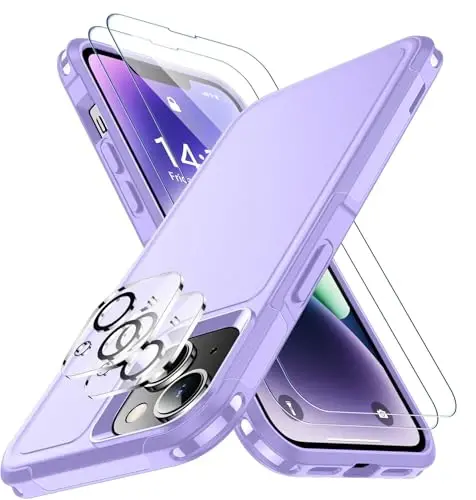 iPhone 14 Case/iPhone 15 Case uchun SPIDERCASE, [15 FT Harbiy Standartga Muvofiq Tushishdan Himoya][Sirpanmaydigan] 2 dona [Temperlangan Shisha Ekran Himoyachilari+Kamera Ob'ektiv Himoyachilari] Kuchli Zarba o'tkazmaydigan G'ilof, Binafsha - SPIDERCASE