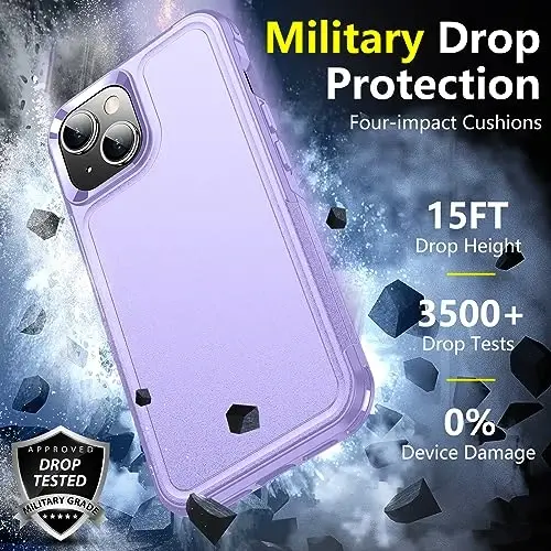 iPhone 14 Case/iPhone 15 Case uchun SPIDERCASE, [15 FT Harbiy Standartga Muvofiq Tushishdan Himoya][Sirpanmaydigan] 2 dona [Temperlangan Shisha Ekran Himoyachilari+Kamera Ob'ektiv Himoyachilari] Kuchli Zarba o'tkazmaydigan G'ilof, Binafsha - 3