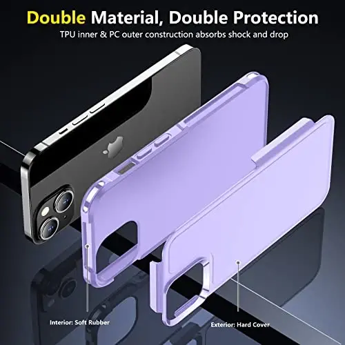 iPhone 14 Case/iPhone 15 Case uchun SPIDERCASE, [15 FT Harbiy Standartga Muvofiq Tushishdan Himoya][Sirpanmaydigan] 2 dona [Temperlangan Shisha Ekran Himoyachilari+Kamera Ob'ektiv Himoyachilari] Kuchli Zarba o'tkazmaydigan G'ilof, Binafsha - 6