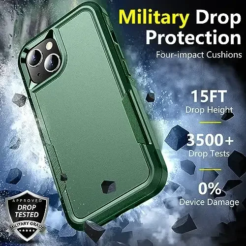 iPhone 14 Case/iPhone 15 Case uchun SPIDERCASE, [15 FT Harbiy Standartga Muvofiq Tushishdan Himoya][Sirpanmaydigan] 2 ta Paket [Temperlangan Shisha Ekran Himoyachilari+Kamera Linzalari Himoyachilari] Kuchli Zarba o'tkazmaydigan G'ilof, To'q yashil - 3