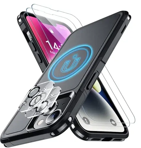 iPhone 14 Case/iPhone 15 Case uchun SPIDERCASE, Magnitli [15 FT Harbiy Darajadagi Tushishdan Himoya][Sirpanmaydigan] 2 dona [Temperli Shisha Ekran Himoyachilari+Kamera Ob'ektiv Himoyachilari] Zarba o'tkazmaydigan G'ilof, Qora 