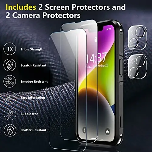 iPhone 14 Case/iPhone 15 Case uchun SPIDERCASE, Magnitli [15 FT Harbiy Darajadagi Tushishdan Himoya][Sirpanmaydigan] 2 dona [Temperli Shisha Ekran Himoyachilari+Kamera Ob'ektiv Himoyachilari] Zarba o'tkazmaydigan G'ilof, Qora - 4