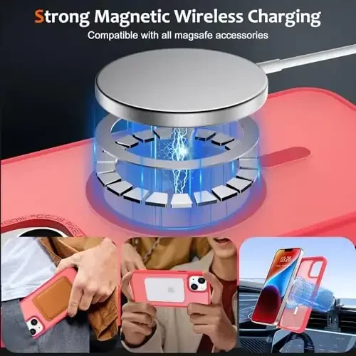 Anuck Case for iPhone 14 Case Magnetic Phone Case Compatible with MagSafe, Soft TPU Bumper Hard Translucent Matte Back Slim Fit Shockproof Protective Cover for Men Women Girls - Light Red - 2