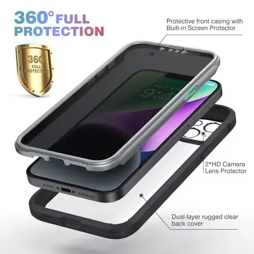 Diaclara Designed for iPhone 14 Case 6.1 Inch,Upgraded Full Body Rugged Clear Bumper Case with Built-in Privacy Screen Protector for iPhone 14,Black - 4