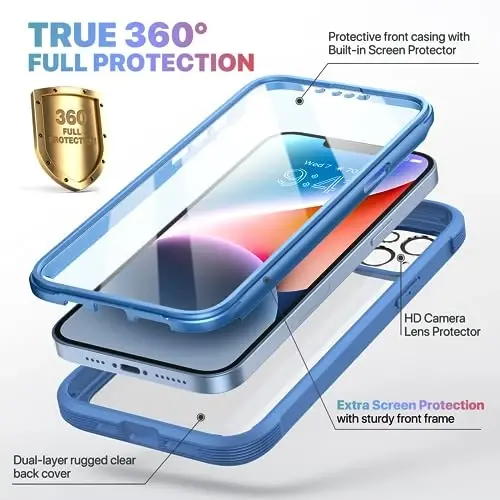 Diaclara Designed for iPhone 14 Case, Full Body Rugged Case with Built-in Touch Sensitive Anti-Scratch Screen Protector, with Camera Lens Protector for iPhone 14 6.1