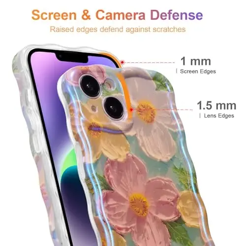 EYZUTAK Case for iPhone 14, Colorful Retro Oil Painting Printed Flower Laser Beam Glossy Pattern Cute Curly Waves Border Exquisite Phone Cover Stylish Durable TPU Protective Case for Girls Women-Green - 4
