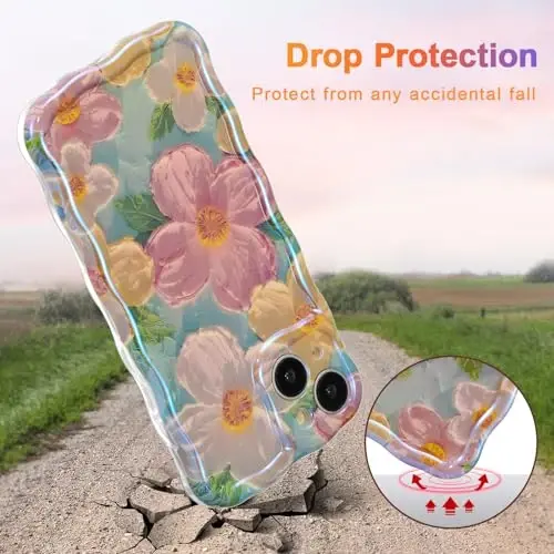 EYZUTAK Case for iPhone 14, Colorful Retro Oil Painting Printed Flower Laser Beam Glossy Pattern Cute Curly Waves Border Exquisite Phone Cover Stylish Durable TPU Protective Case for Girls Women-Green - 3
