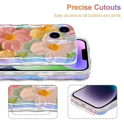 EYZUTAK Case for iPhone 14, Colorful Retro Oil Painting Printed Flower Laser Beam Glossy Pattern Cute Curly Waves Border Exquisite Phone Cover Stylish Durable TPU Protective Case for Girls Women-Green - 5