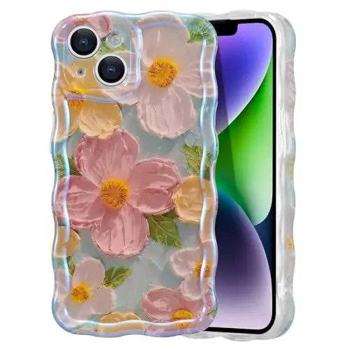 iPhone 14 için EYZUTAK Kılıfı, Renkli Retro Yağlı Boya Baskılı Çiçek Lazer Işın Parlak Desen Sevimli Kıvırcık Dalgalar Kenar Zarif Telefon Kapağı Şık Dayanıklı TPU Koruyucu Kılıf Kızlar Kadınlar-Yeşil 