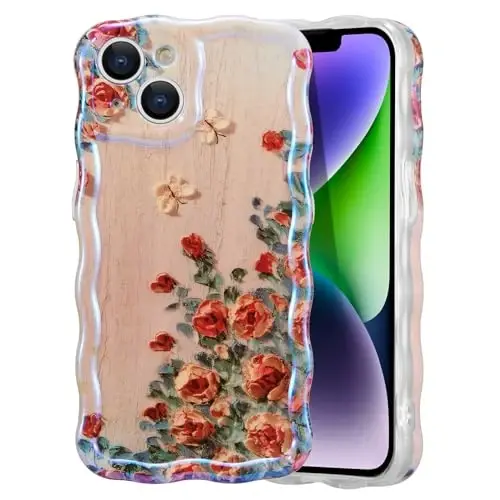 EYZUTAK Case for iPhone 14, Colorful Retro Oil Painting Printed Flower Laser Beam Glossy Pattern Cute Curly Waves Border Exquisite Phone Cover Stylish Durable TPU Protective Case for Girls Women-Beige 