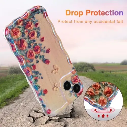 EYZUTAK Case for iPhone 14, Colorful Retro Oil Painting Printed Flower Laser Beam Glossy Pattern Cute Curly Waves Border Exquisite Phone Cover Stylish Durable TPU Protective Case for Girls Women-Beige - 3