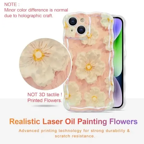 EYZUTAK Case for iPhone 14, Colorful Retro Oil Painting Flower Laser Glossy Pattern Cute Curly Wave Border Exquisite Phone Cover Stylish Durable TPU Protective Case for Girls Women - Light Pink - 2