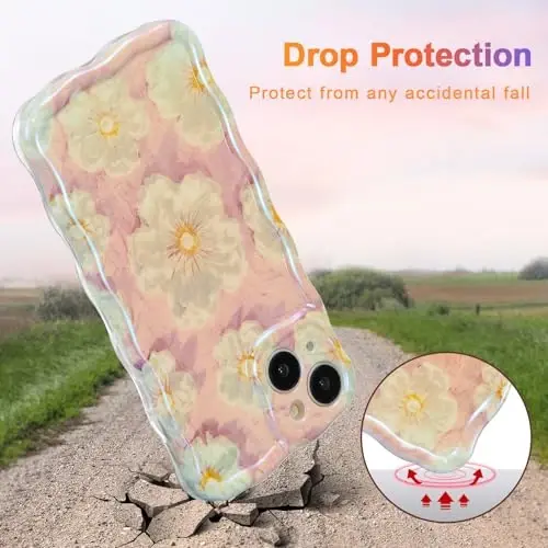 EYZUTAK Case for iPhone 14, Colorful Retro Oil Painting Flower Laser Glossy Pattern Cute Curly Wave Border Exquisite Phone Cover Stylish Durable TPU Protective Case for Girls Women - Light Pink - 3