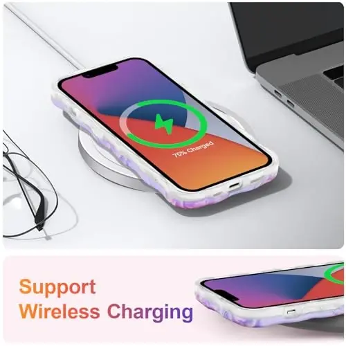 EYZUTAK Case for iPhone 14, Colorful Retro Oil Painting Flower Laser Glossy Pattern Cute Curly Waves Edge Exquisite Phone Cover Stylish Durable TPU Protective Case for Girls Women - Pink Peony - 6