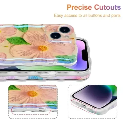 EYZUTAK Case for iPhone 14, Colorful Retro Oil Painting Flower Leaves Laser Glossy Pattern Cute Curly Waves Edge Exquisite Phone Cover Stylish Durable TPU Protective Case for Girls Women - Pink Green - 5