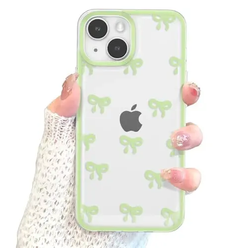 EYZUTAK Case for iPhone 14, Clear Cute Ribbon Bowknot Pattern Aesthetic Transparent Phone Case Raised Camera Protection Stylish Slim Soft Durable TPU Protective Cover for Women Girls - Green - 4