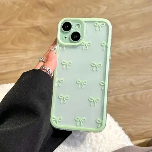 iPhone 14 için EYZUTAK Kılıfı, Şeffaf Sevimli Kurdele Fiyonk Desenli Estetik Şeffaf Telefon Kılıfı Yükseltilmiş Kamera Koruması Şık İnce Yumuşak Dayanıklı TPU Kadın Kız Çocuk Koruyucu Kılıf - Yeşil - 12