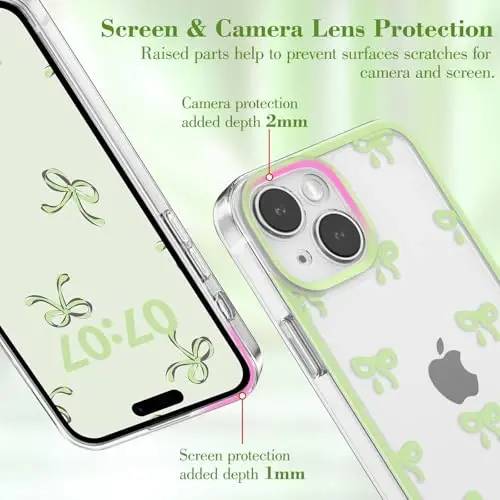 iPhone 14 için EYZUTAK Kılıfı, Şeffaf Sevimli Kurdele Fiyonk Desenli Estetik Şeffaf Telefon Kılıfı Yükseltilmiş Kamera Koruması Şık İnce Yumuşak Dayanıklı TPU Kadın Kız Çocuk Koruyucu Kılıf - Yeşil - 7