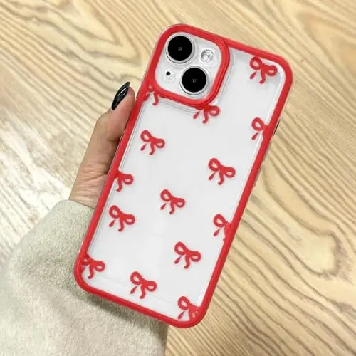 EYZUTAK Case for iPhone 14, Clear Cute Ribbon Bowknot Pattern Aesthetic Transparent Phone Case Raised Camera Protection Stylish Slim Soft Durable TPU Protective Cover for Women Girls - Red - 1