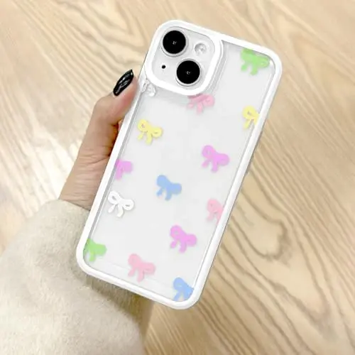 EYZUTAK Case for iPhone 14, Clear Cute Ribbon Bowknot Pattern Aesthetic Transparent Phone Case Raised Camera Protection Stylish Slim Soft Durable TPU Protective Cover for Women Girls - Colorful - 1