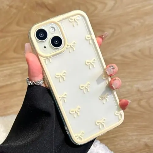 EYZUTAK Case for iPhone 14, Clear Cute Ribbon Bowknot Pattern Aesthetic Transparent Phone Case Raised Camera Protection Stylish Slim Soft Durable TPU Protective Cover for Women Girls - Yellow - 1