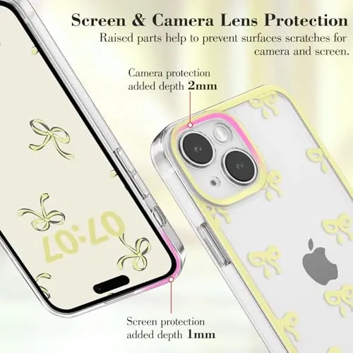 EYZUTAK Case for iPhone 14, Clear Cute Ribbon Bowknot Pattern Aesthetic Transparent Phone Case Raised Camera Protection Stylish Slim Soft Durable TPU Protective Cover for Women Girls - Yellow - 2