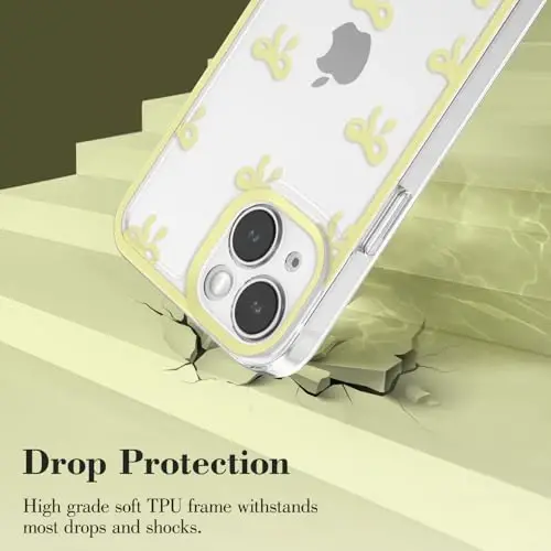 EYZUTAK Case for iPhone 14, Clear Cute Ribbon Bowknot Pattern Aesthetic Transparent Phone Case Raised Camera Protection Stylish Slim Soft Durable TPU Protective Cover for Women Girls - Yellow - 3
