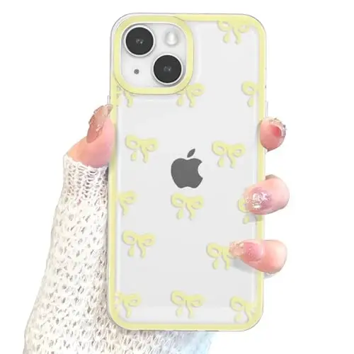 EYZUTAK Case for iPhone 14, Clear Cute Ribbon Bowknot Pattern Aesthetic Transparent Phone Case Raised Camera Protection Stylish Slim Soft Durable TPU Protective Cover for Women Girls - Yellow - 4