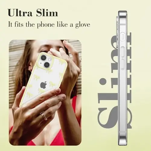 EYZUTAK Case for iPhone 14, Clear Cute Ribbon Bowknot Pattern Aesthetic Transparent Phone Case Raised Camera Protection Stylish Slim Soft Durable TPU Protective Cover for Women Girls - Yellow - 5