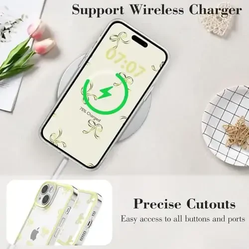 EYZUTAK Case for iPhone 14, Clear Cute Ribbon Bowknot Pattern Aesthetic Transparent Phone Case Raised Camera Protection Stylish Slim Soft Durable TPU Protective Cover for Women Girls - Yellow - 6