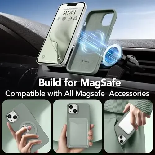 GONEZ Magnetic for iPhone 14 Case, Compatible with Magsafe, with Screen Protector + Camera Protector, Anti-Scratch Microfiber Lining, Liquid Silicone Shockproof Protective Phone Case, Calke Green - 4