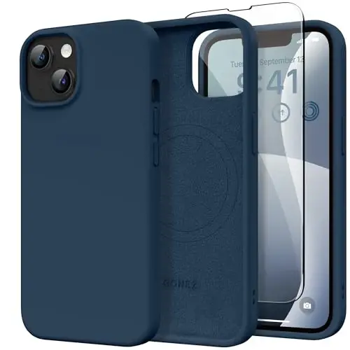iPhone 14 için GONEZ Manyetik Kılıf, Magsafe Uyumlu, Ekran Koruyucu + Kamera Koruyucu, Çizilmez Mikrofiber Astar, Sıvı Silikon Darbeye Dayanıklı Koruyucu Telefon Kılıfı, Koyu Mavi 