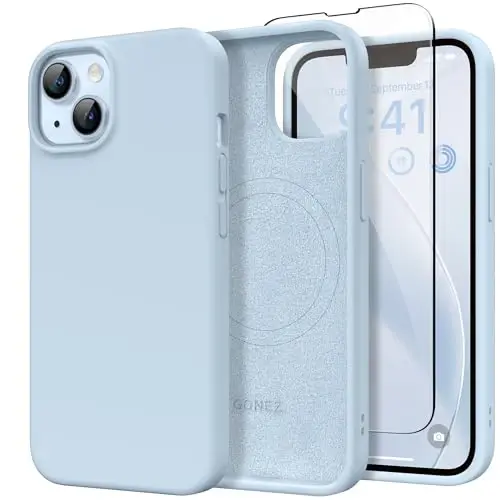 GONEZ Magnetic for iPhone 14 Case, Compatible with Magsafe, with Screen Protector + Camera Protector, Anti-Scratch Microfiber Lining, Liquid Silicone Shockproof Protective Phone Case, Blue - GONEZ