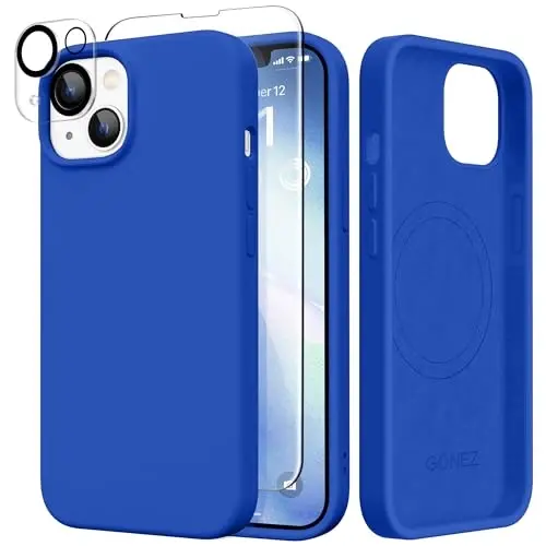 GONEZ Magnetic for iPhone 14 Case, Compatible with Magsafe, with Screen Protector + Camera Protector, Anti-Scratch Microfiber Lining, Liquid Silicone Shockproof Protective Phone Case, Klein Blue - 1