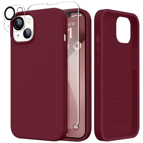 GONEZ Magnetic for iPhone 14 Case, Compatible with Magsafe, with Screen Protector + Camera Protector, Anti-Scratch Microfiber Lining, Liquid Silicone Shockproof Protective Phone Case, Maroon 